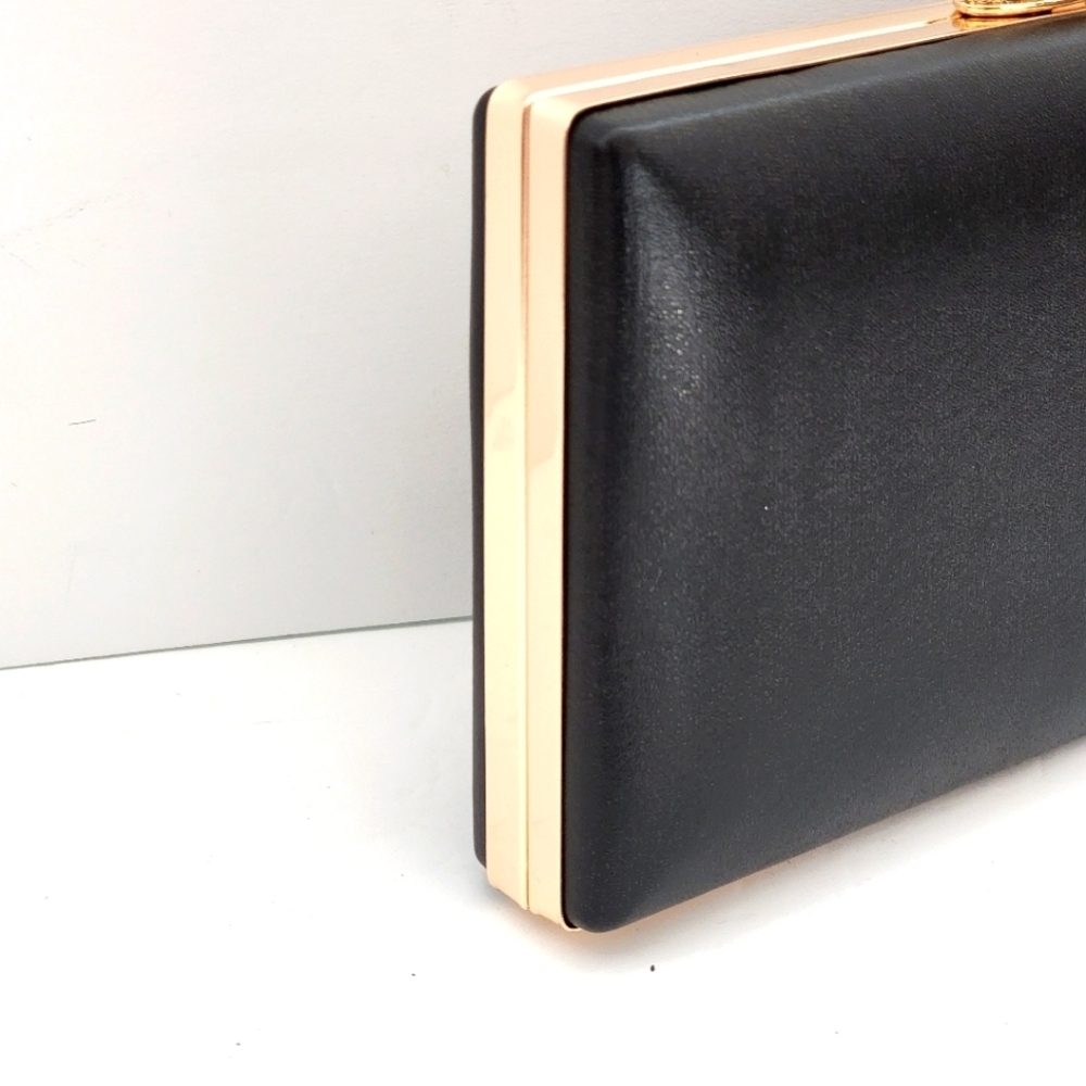 Women's Black Leather Satin Flowers Evening Clutch Bag - Picture 4 of 8
